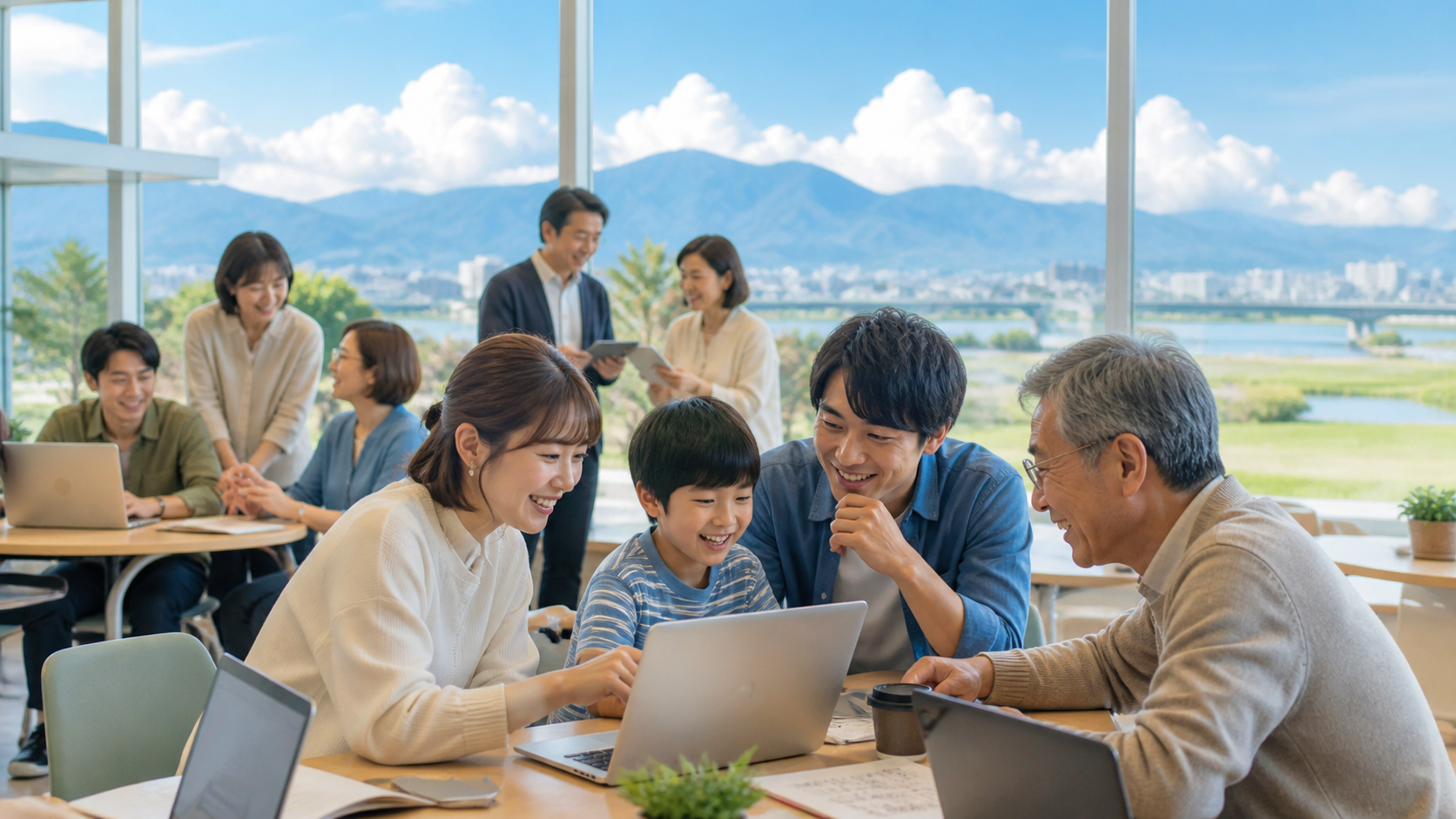 親子や社会人、シニアが一緒に生成AIを学ぶ地域コミュニティのイメージ
