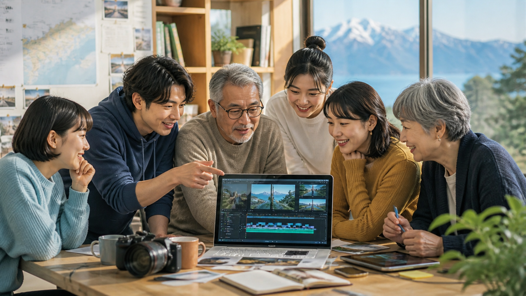 地域の仲間がノートパソコンを囲み、AI新潟のPR動画を制作しているイメージ