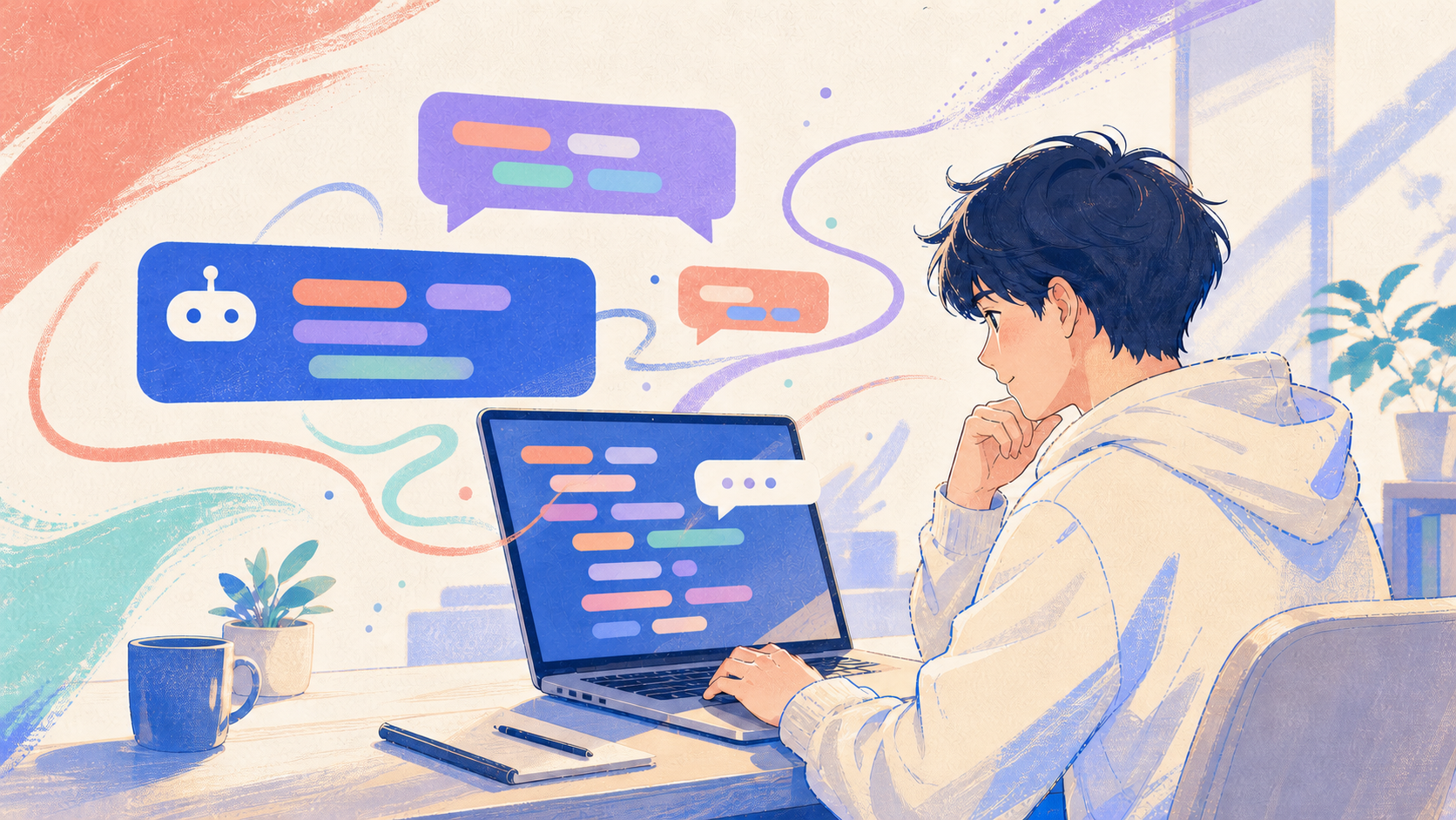 初心者がClaude Codeと対話しながらコードを学ぶイメージ