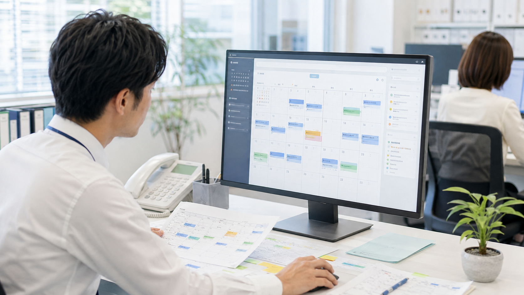 複数の予定や日付確認を一つのカレンダーへ整理する職員のイメージ