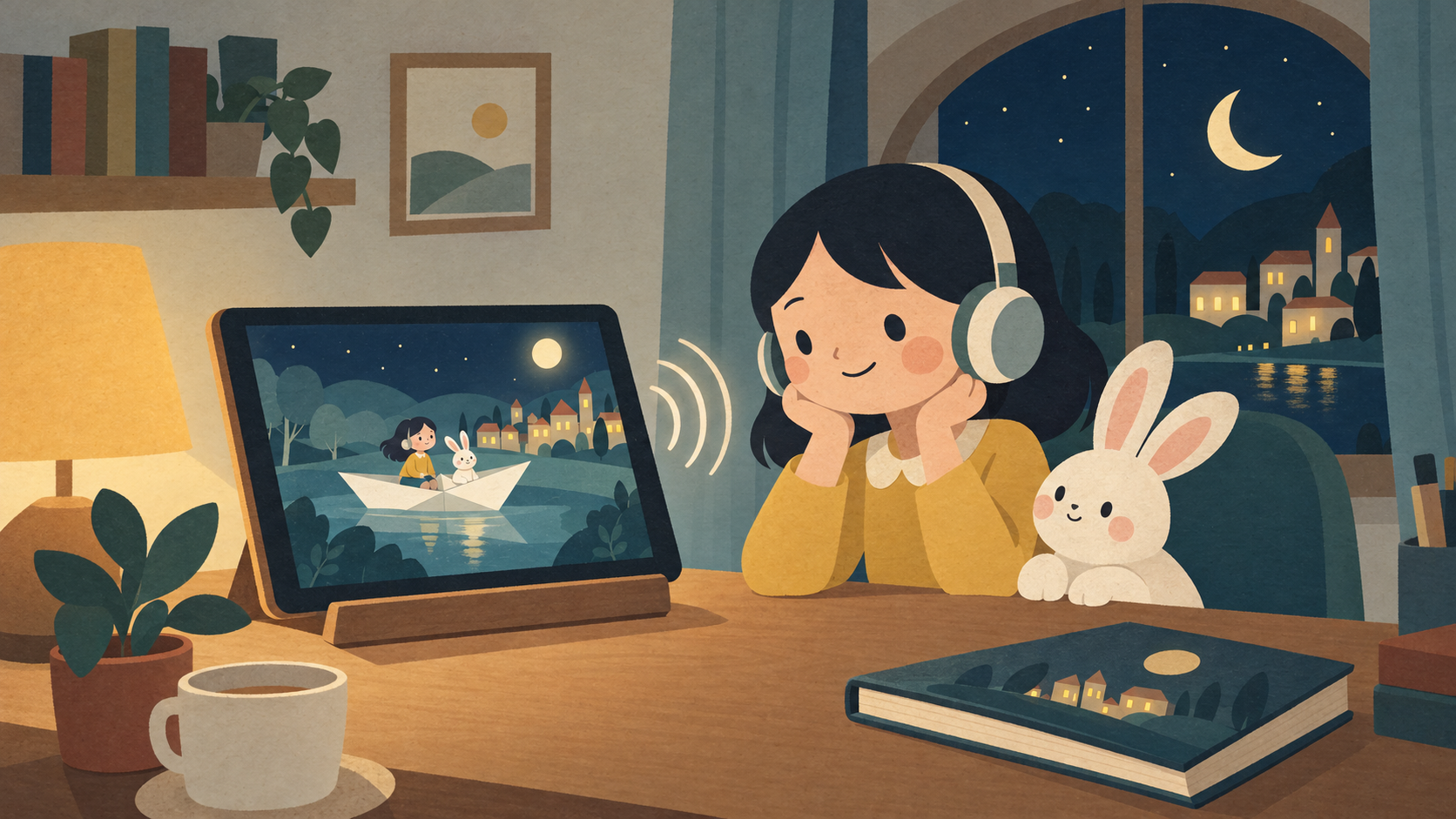 音声付き動画をタブレットで聞く女の子とうさぎ