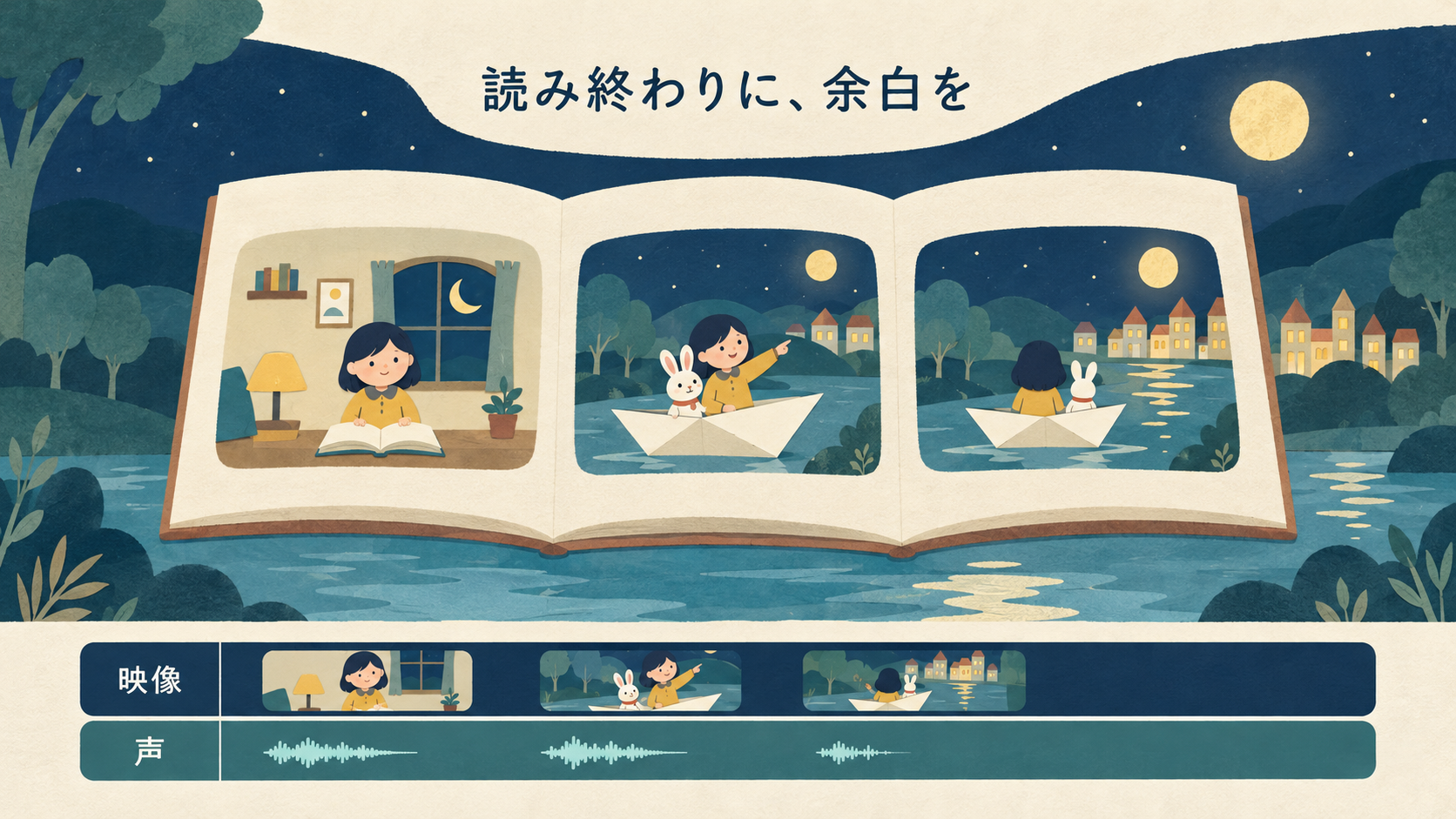 映像の場面と音声を重ね、読み終わりに余白を残す図