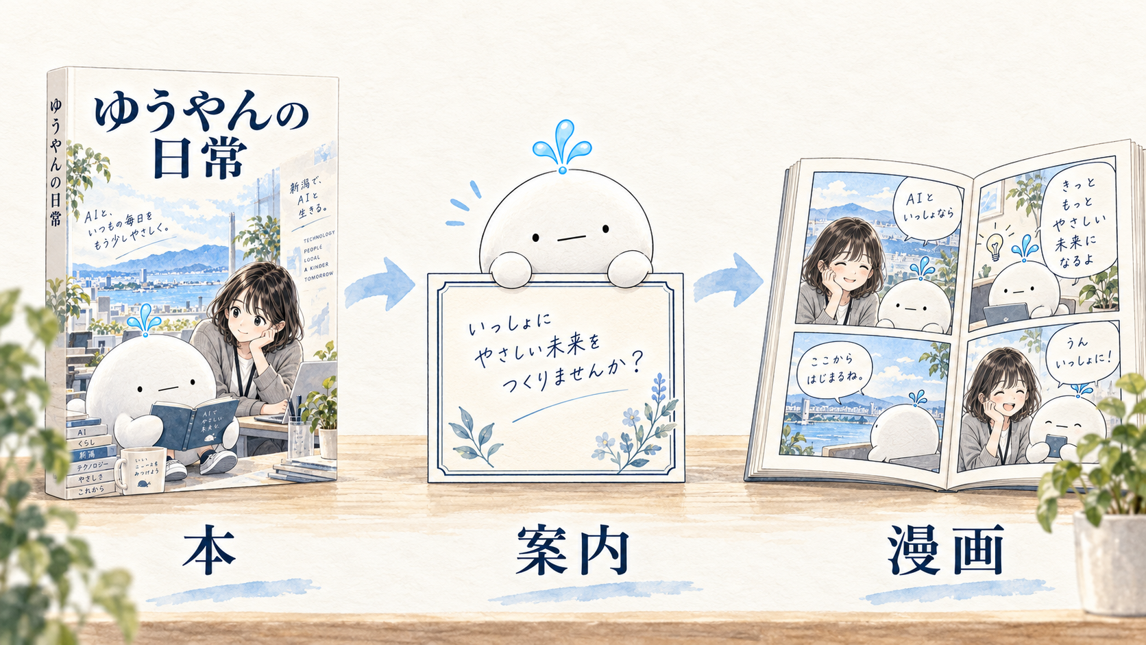 本の表紙から案内を開き、漫画へ進む流れ
