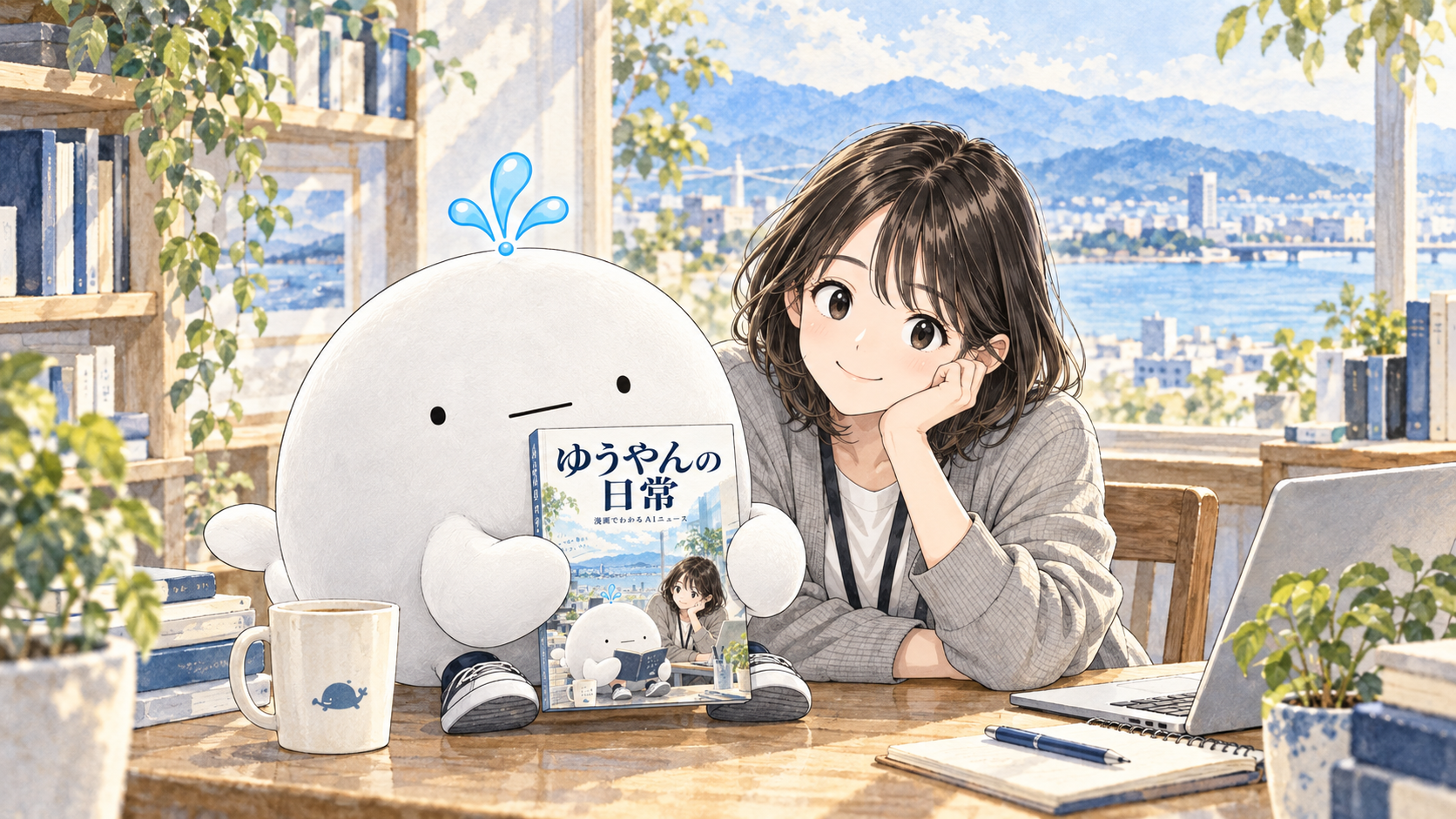 ゆうやんが漫画の本を差し出して読む人を迎えるイラスト